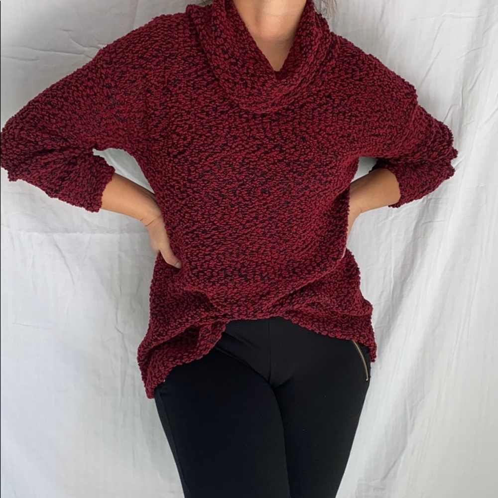 Chunky knit-like black and red turtleneck sweater
